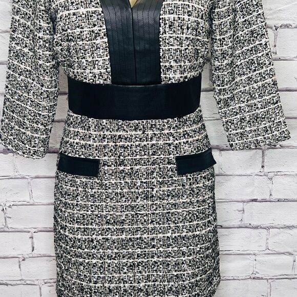 Alexia Admor Women's Black & White Zenia Tweed V-Neck Fit & Flare Dress Size 6 - Picture 4 of 9